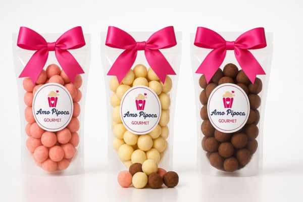 Pipoca gourmet em embalagem elegante